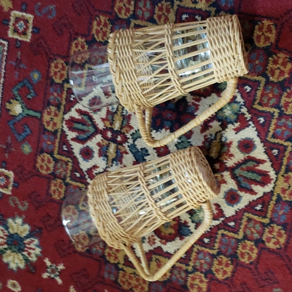 ❤ VINTAGE | Boho Wicker Handled Drinking Glass Holders & Glasses - Set of 2
